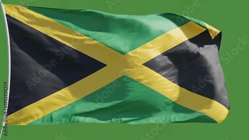 Jamaican flag waving on green screen background, perfect for chroma keying and compositing