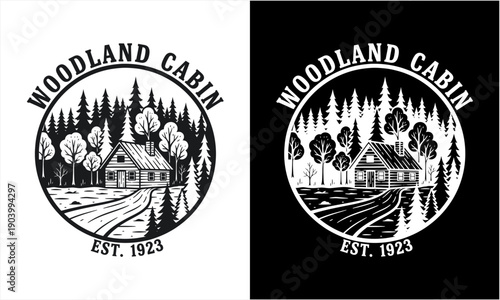 Woodland Cabin Est 1923 Vintage Logo Design.