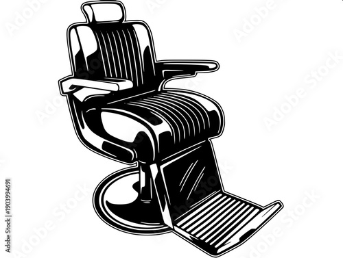 Barber shop logo style silhouette, barber cutting hair with scissors, client sitting straight in barber chair, clean sharp black vector illustration