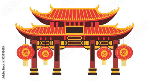 Traditional Chinese Pagoda Style Gate Illustration.