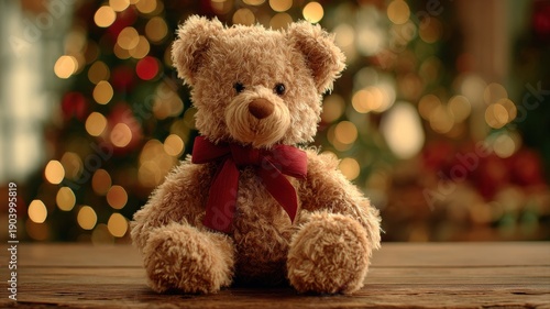 Festive Teddy Bear with Red Ribbon Against Christmas Tree Bokeh Lights Background