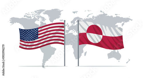 Illustration of the American and Danish flags waving against a gray world map on a white background.