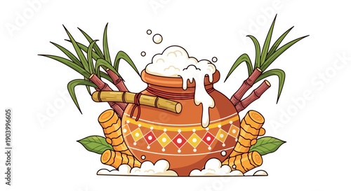 Illustration of a traditional clay pot with steam rising decorated with colorful patterns surrounded by sugarcane and leaves on a white background.