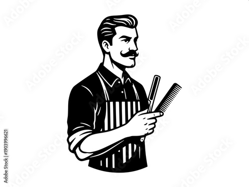 Casual barbershop haircut moment silhouette, barber working on client hair, medium shot composition, simple black silhouette graphic