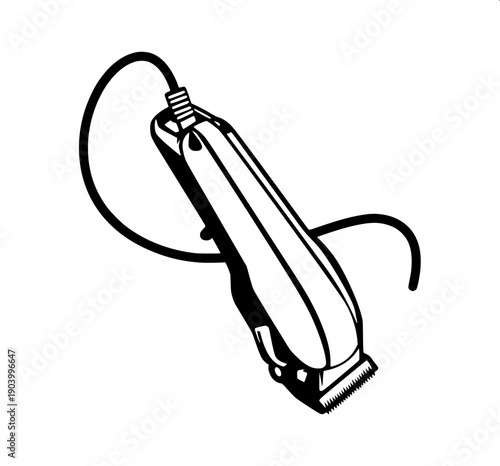 Casual barbershop haircut moment silhouette, barber working on client hair, medium shot composition, simple black silhouette graphic