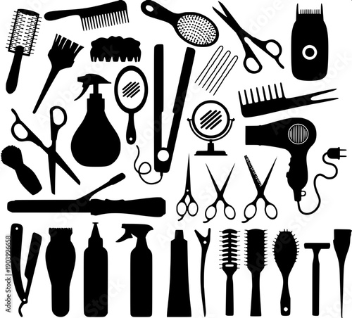 Casual barbershop haircut moment silhouette, barber working on client hair, medium shot composition, simple black silhouette graphic