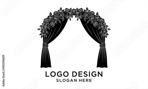 Elegant Floral Arch with Draped Curtains for Wedding or Event Decor.