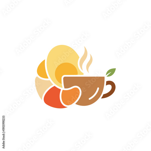 Steaming Coffee Cup with Croissant and Egg Breakfast.