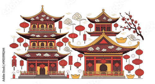 Traditional Chinese Pagoda Buildings with Lanterns.