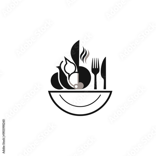 Stylized monochrome food bowl with cutlery and steaming ingredients.