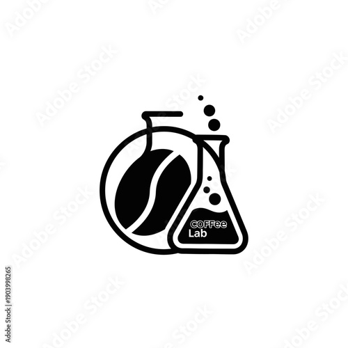 Coffee Lab Logo Design with Coffee Bean and Laboratory Flasks.
