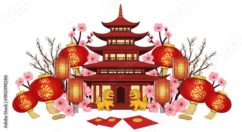 Chinese Pagoda Temple with Lanterns and Blossoms.
