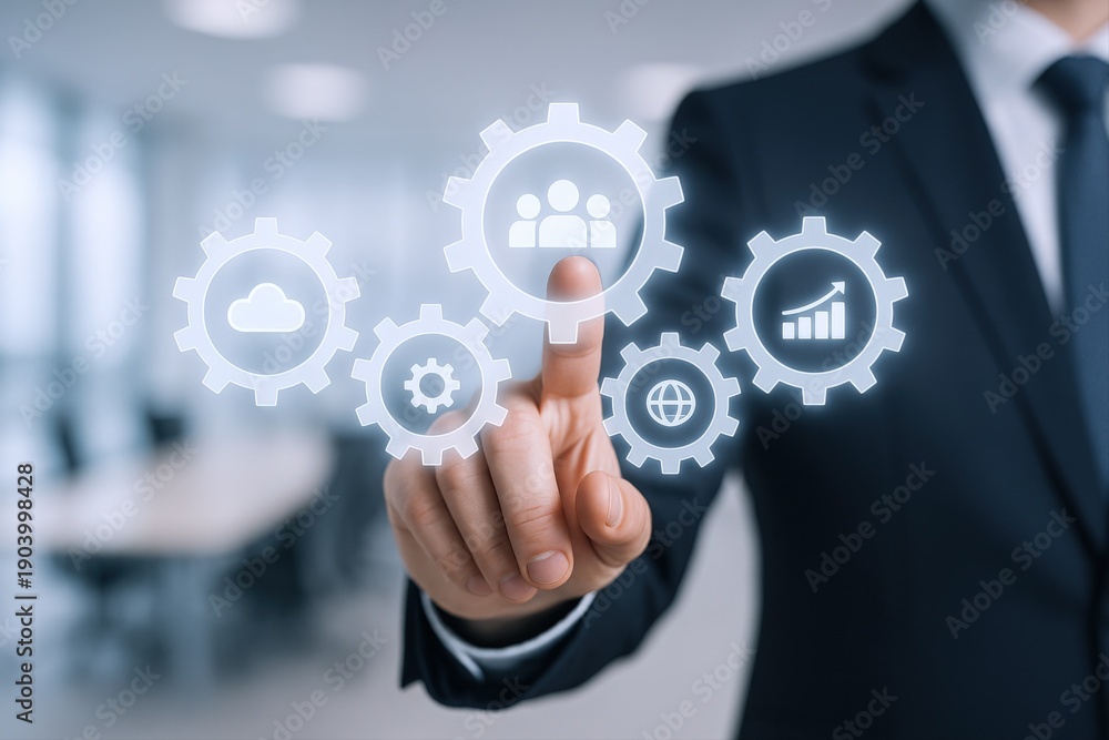 Fototapeta premium Business Strategy Concept: Man Interacting with Digital Gears Interface Representing Teamwork, Growth and Business Solutions