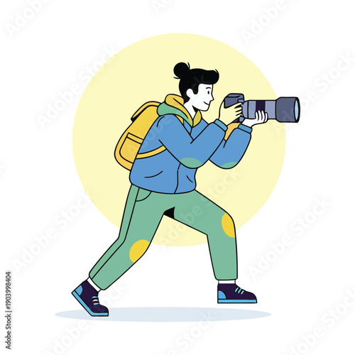 Woman Photographer with Telephoto Lens Camera Flat Design Illustration