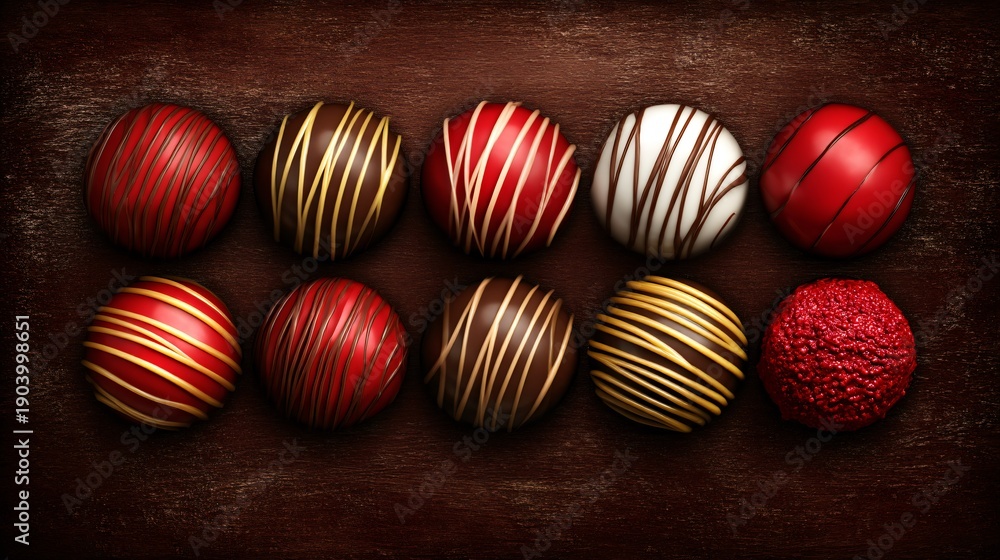 Fototapeta premium luxury chocolate truffles flat lay, Valentine candy gift set, textured backdrop, editorial food styling, shallow depth of field