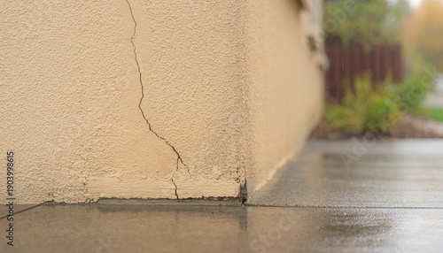 Exterior Wall Crack on Residential Building Corner with Rain and Moisture Damage