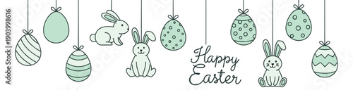 Happy Easter banner with hanging cartoon eggs and bunnies, festive holiday greeting eps 10