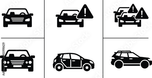 Black car icons set including sedan hatchback and suv with warning symbols isolated on white background for automotive insurance design.