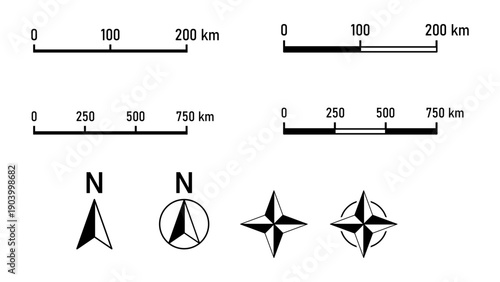 Basic Black Round North Mark Arrow Sign Symbol in Circle and Scale Icon and Linear or Bar Scale Cartography Set for Map or Site Plan Orientation. Vector Image.