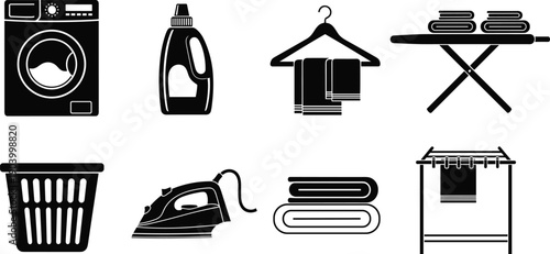Black laundry icons set including washing machine, detergent bottle, iron, ironing board, clothes hanger, laundry basket, and drying rack silhouettes.