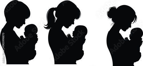 Black silhouette collection of a loving mother holding her newborn baby in various poses for parenting motherhood and infant care.