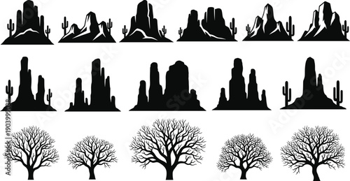 Black silhouette collection of desert mountains with cacti and various deciduous trees isolated on white background for nature landscape graphic design.