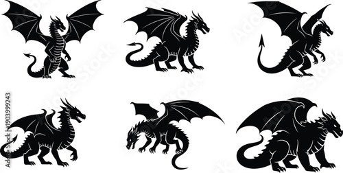 Collection of mythical dragon silhouettes, black winged fantasy creature vector illustration set, isolated dragon icons for logo and tattoo design.