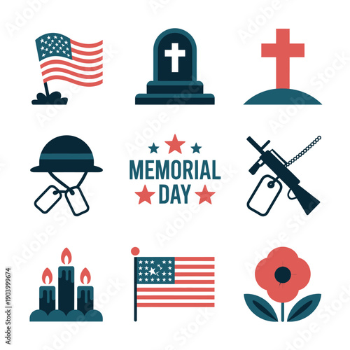 A collection of patriotic icons and symbols honoring Memorial Day with American flags, tombstones, and flowers.