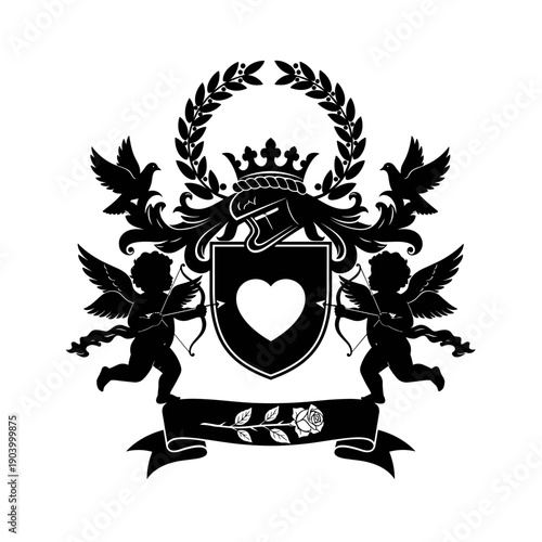 Black and White Heraldic Crest with Cherubs and Laurel.