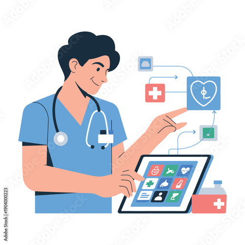 A smiling healthcare professional interacting with a digital tablet displaying various medical icons and symbols.