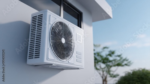 Air Conditioning Unit Mounted on Exterior Wall of Modern Building with Blue Sky