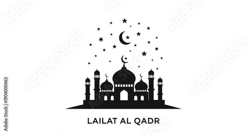 Mosque Silhouette with Crescent Moon Stars.