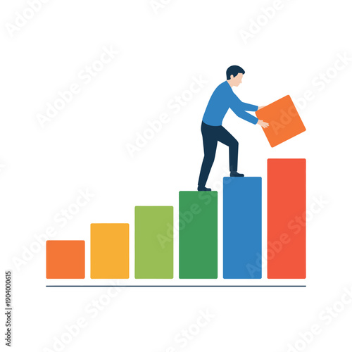 A man in a blue shirt is standing on a bar graph, adding a block to reach a higher level of success and growth.