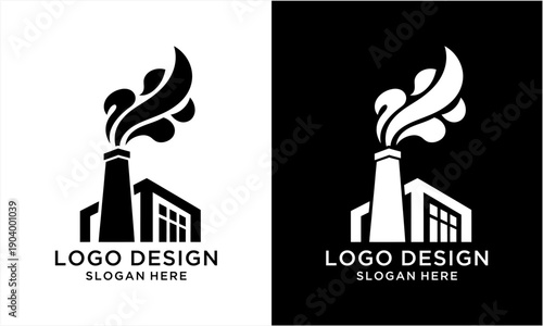 Industrial Factory Building with Smoking Chimney Logo Design.