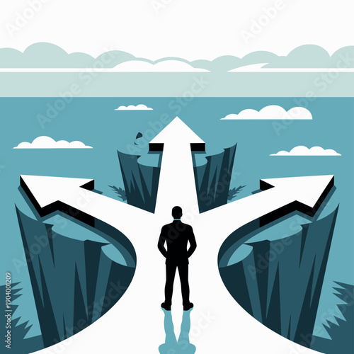 A man stands at a crossroads with multiple paths to choose from, symbolizing decision making and career choices.