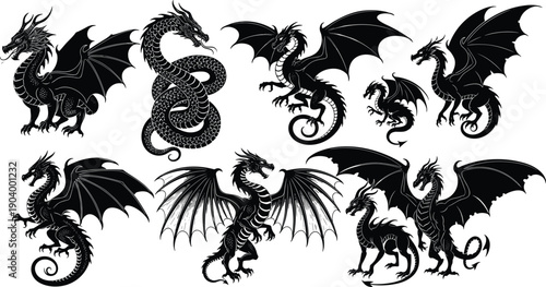 Black silhouette collection of eight mythical dragons in various poses including flying and standing isolated on white background for fantasy design,
