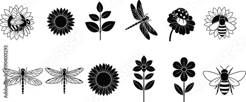 Black silhouette collection of garden insects featuring bees, dragonflies, ladybugs, and sunflowers with floral elements isolated on white background icons