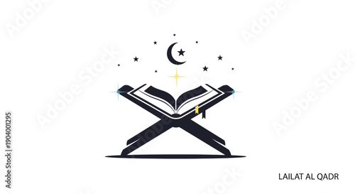 Islamic Quran Book and Crescent Moon Symbol.