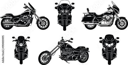 Black silhouette collection of various motorcycles including choppers cruisers and touring bikes isolated on white background for transportation and travel.
