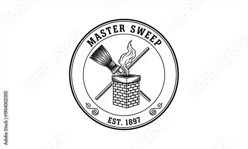 Master Sweep Est. 1897 vintage chimney sweep logo with broom and fire.
