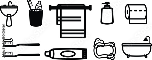 Essential black and white icons representing bathroom hygiene and sanitary fixtures
