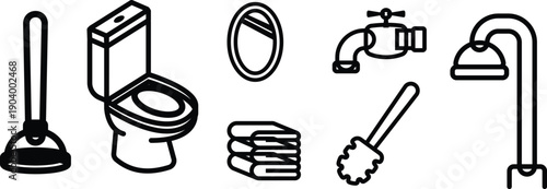 Bathroom essential plumbing and cleaning icon set outline drawing