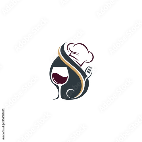 Elegant Restaurant Logo Design with Wine Glass and Chef Hat.