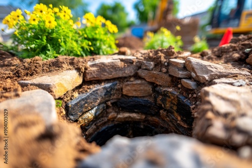 Ancient Stone Well Uncovered During Soil Removal in Garden Landscape with Flowers
