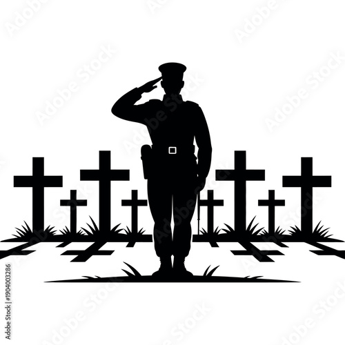 A soldier salutes in front of a cemetery