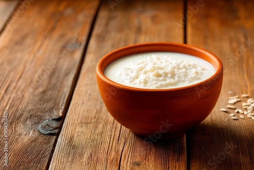 Cracked Bowl of Cooling Porridge on Rustic Wooden Surface with Oats Nearby for Food Photography