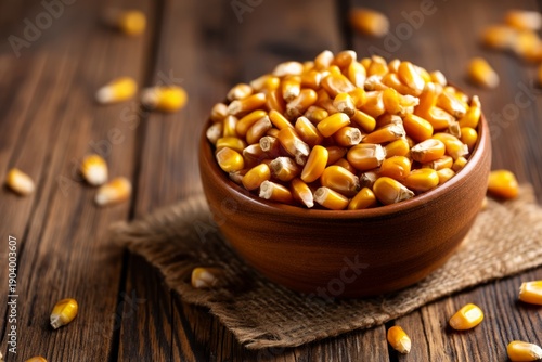 Bowl of Nixtamalized Corn Kernels Resting on Wooden Surface with Spilled Kernels Nearby