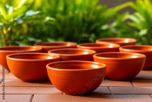 Clay Bowls Aligned Evenly for Daily Sharing and Promoting Equality in Nature Setting