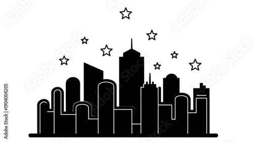 Black silhouette of city skyline buildings.