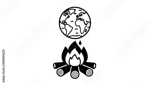 Black and white campfire illustration symbol.